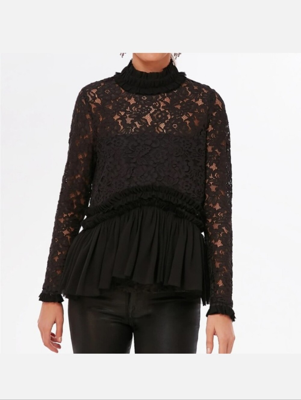Tuckernuck Black Lace Myla Peplum Top Ruffle Mock Neck NWT Small goth night out